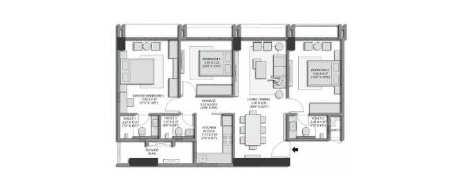 Transcon Passcode All Stars Andheri - Floor plan 3 BHK 858 Sq.ft