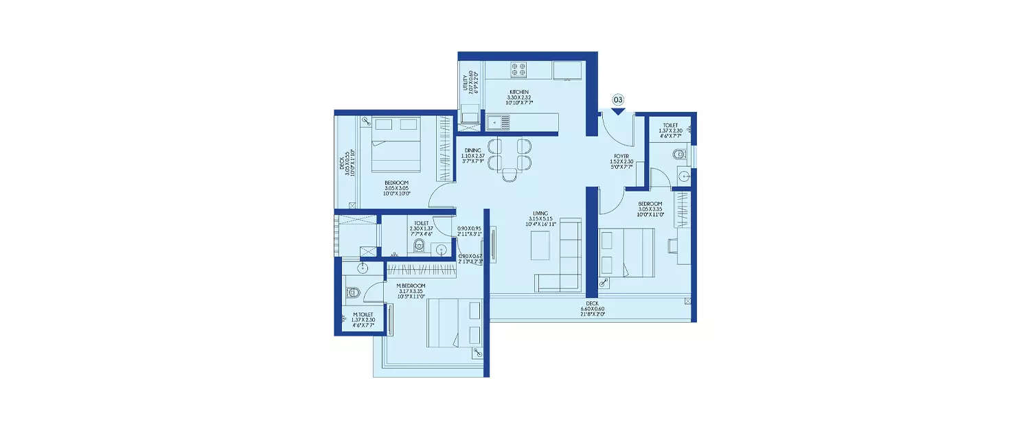 Floor plan for 3 BHK