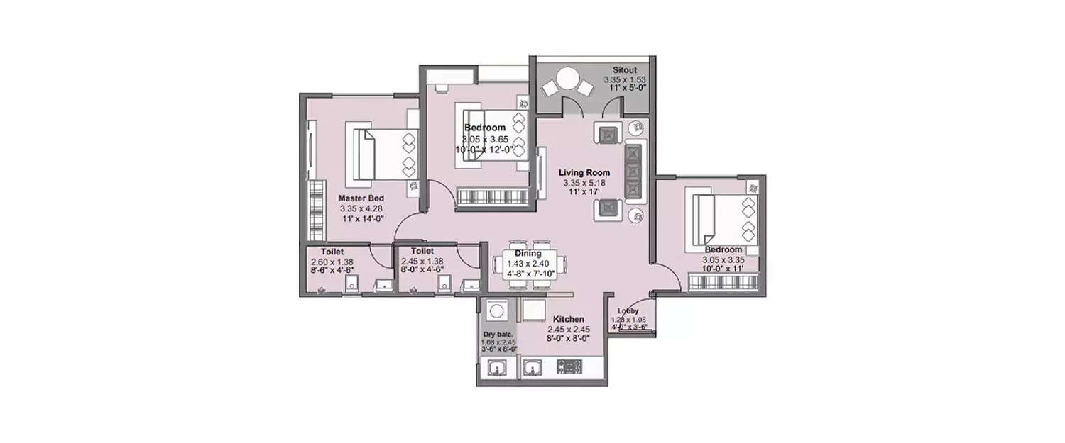 Floor plan for 3 BHK