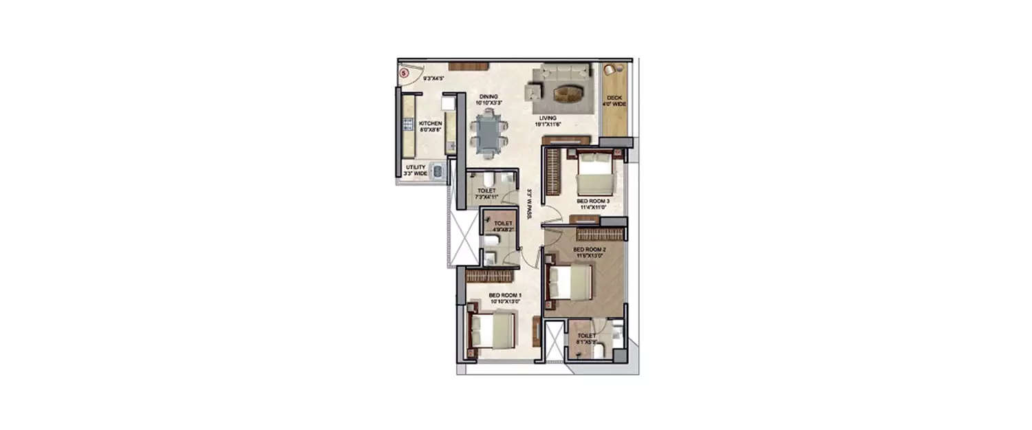 Floor plan for 3 BHK
