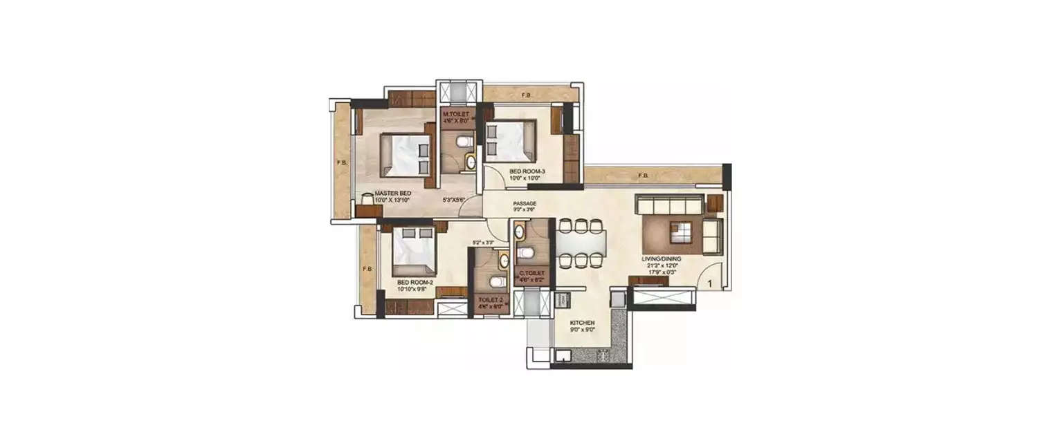 Floor plan for 3 BHK
