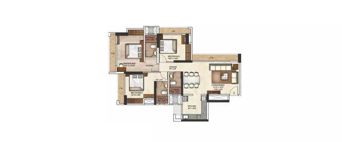 Runwal Eirene Balkum - Floor plan 3 BHK 1058 Sq.ft