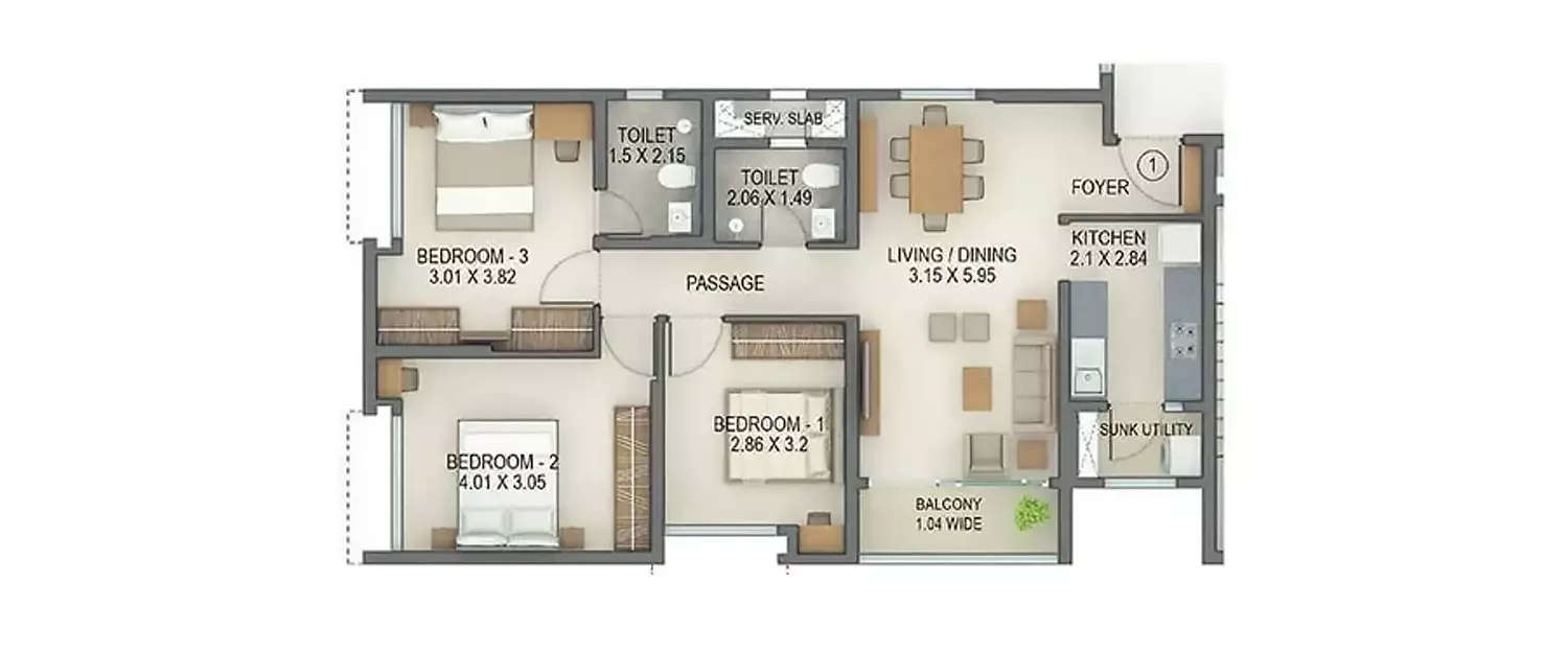 Floor plan for 3 BHK