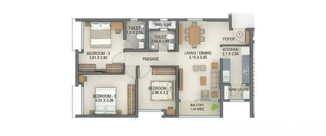 Tata Amantra Kalyan - Floor plan 3 BHK 852 Sq.ft