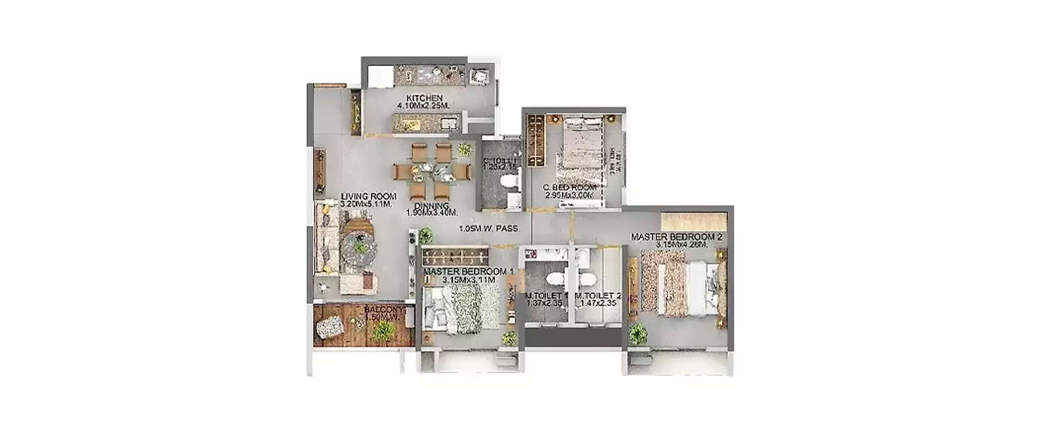 Floor plan for 3 BHK