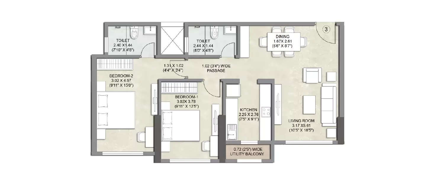 Floor plan for 2 BHK