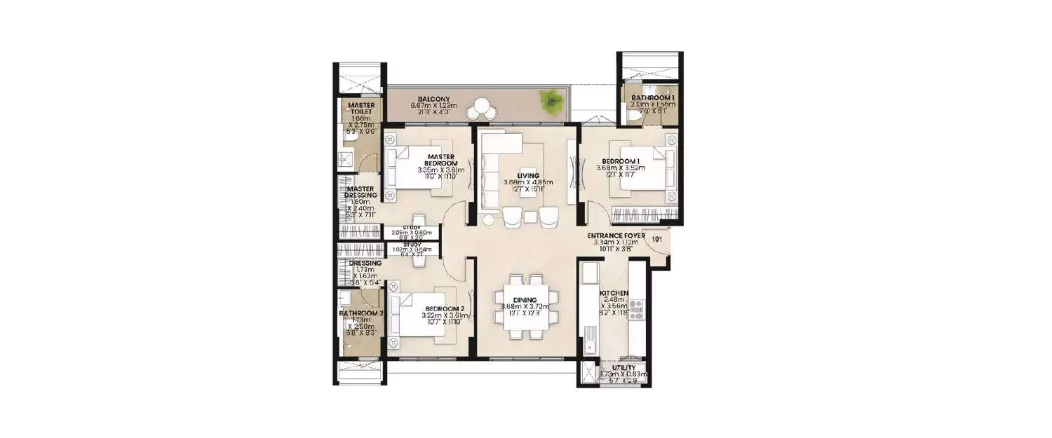 Floor plan for 3 BHK