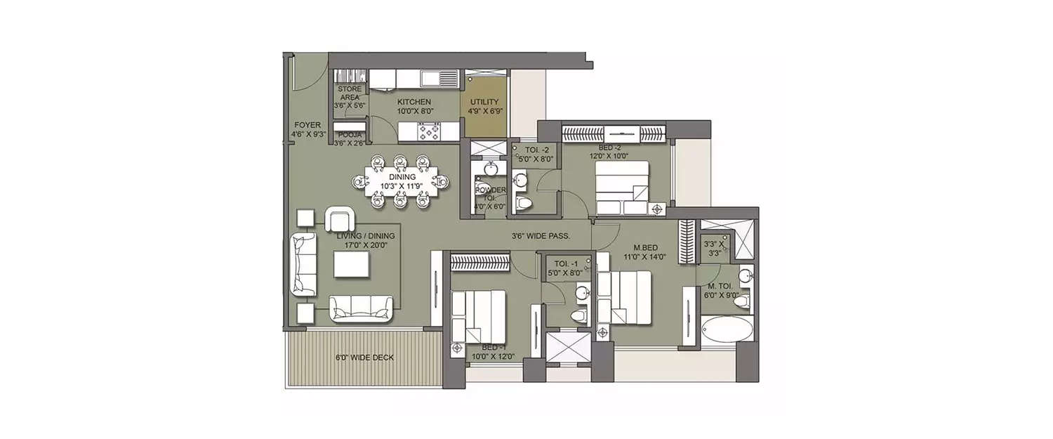 Floor plan for 3 BHK