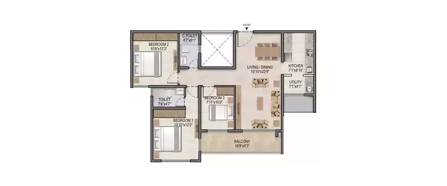Floor plan for 3 BHK