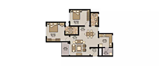 Sobha Meritta Nallambakkam - Floor plan 2 BHK 1377 Sq.ft