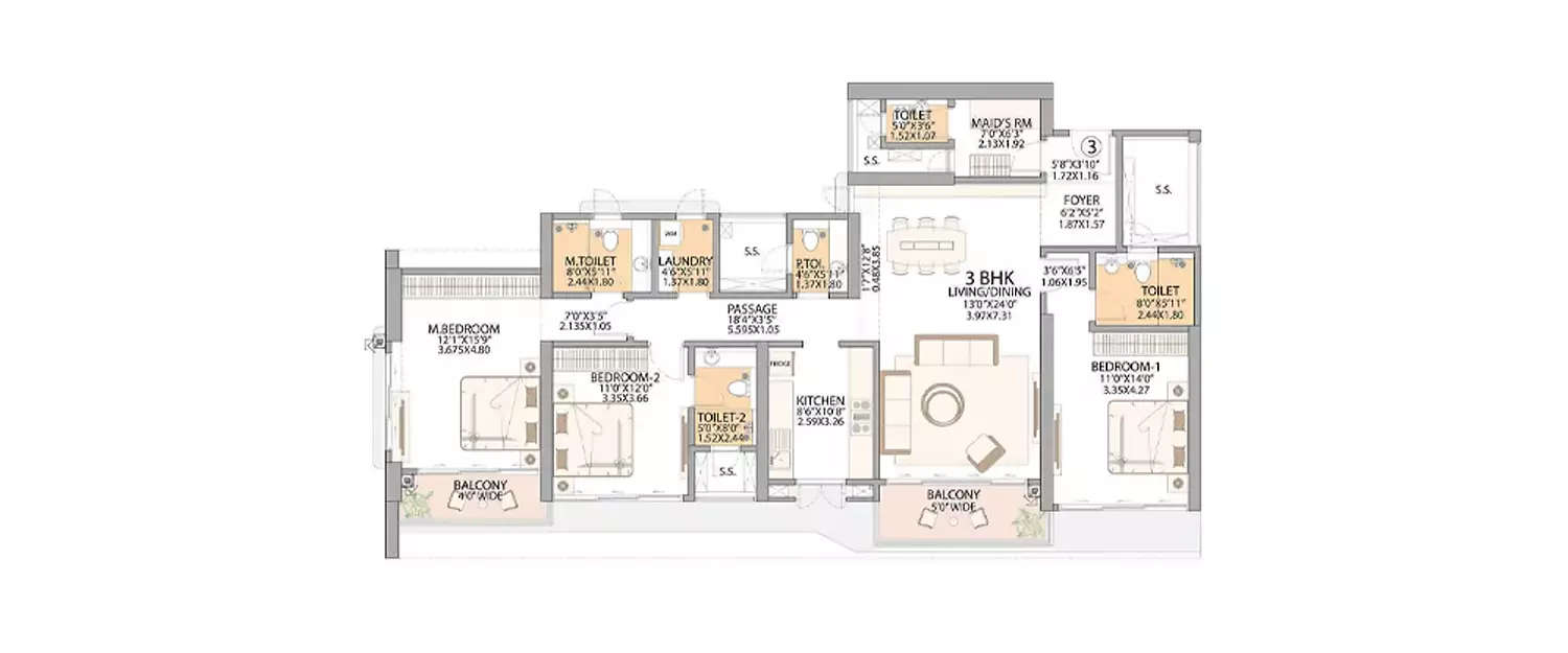 Floor plan for 3 BHK
