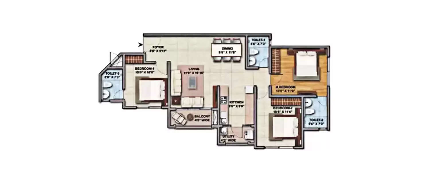 Floor plan for 3 BHK