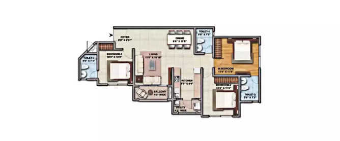 Shriram Greenfield O2 Homes Whitefield - Floor plan 3 BHK 960 Sq.ft