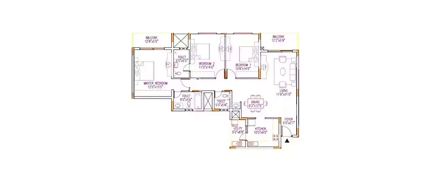 Floor plan for 3 BHK