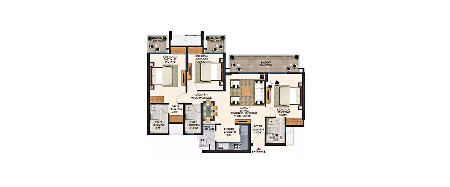 Floor plan for 3 BHK