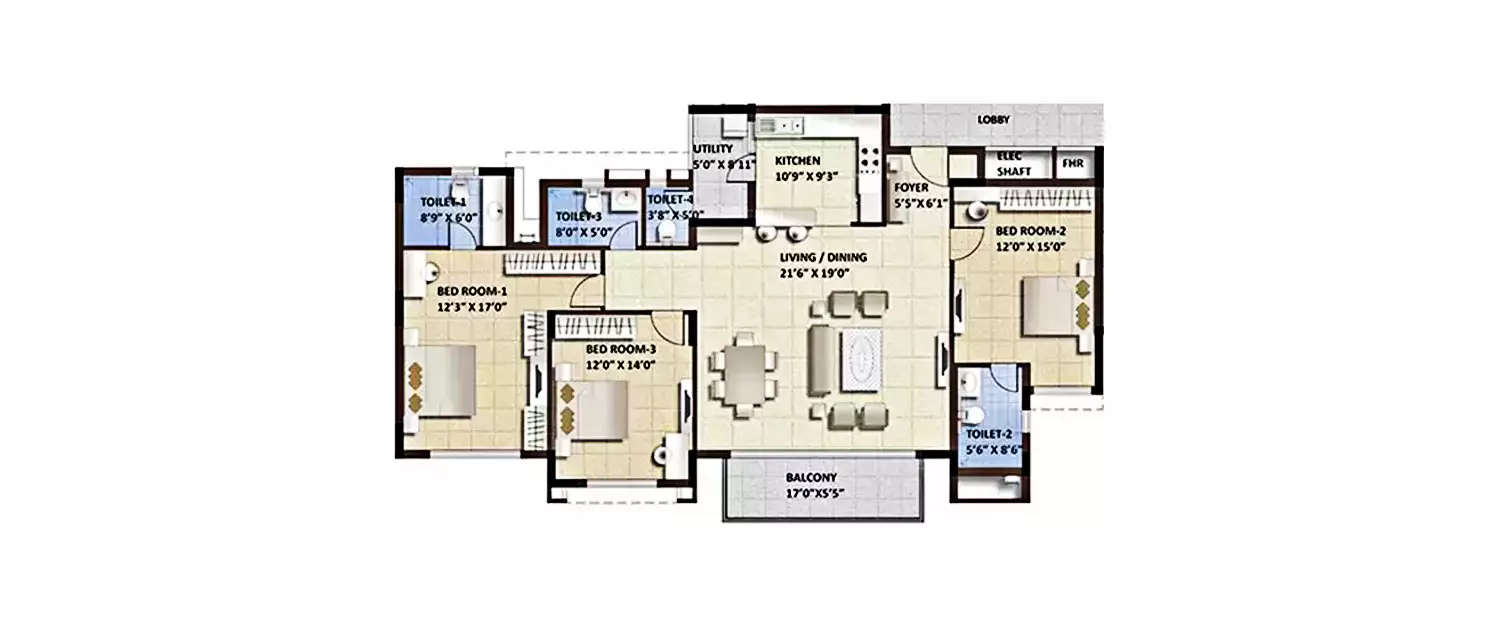 Floor plan for 3 BHK