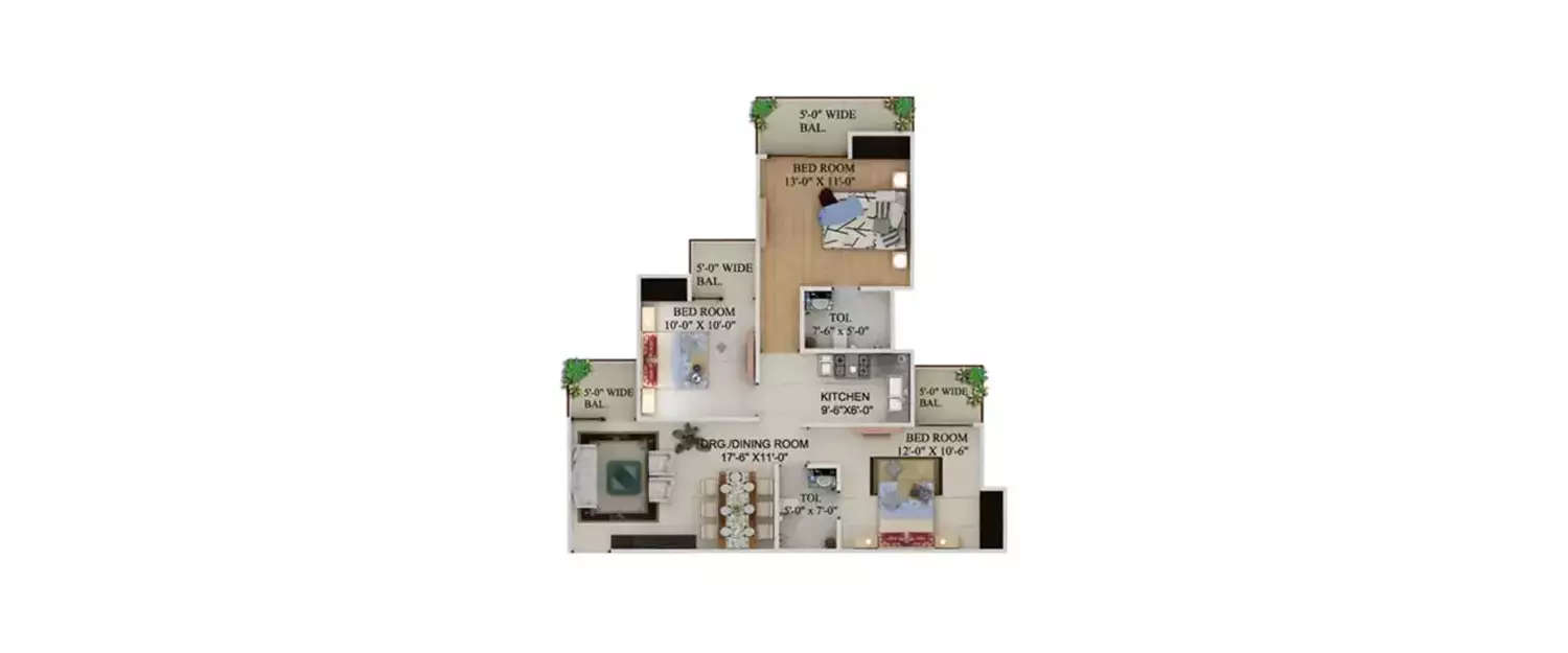 Floor plan for 3 BHK