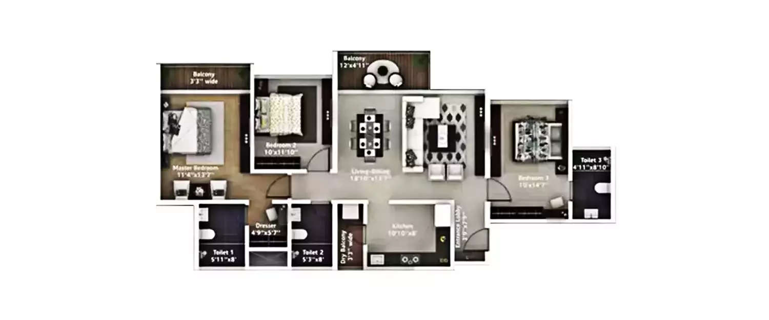 Floor plan for 3 BHK
