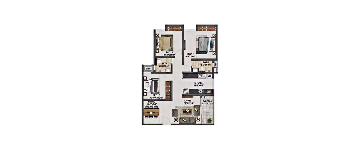 Floor plan for 3 BHK