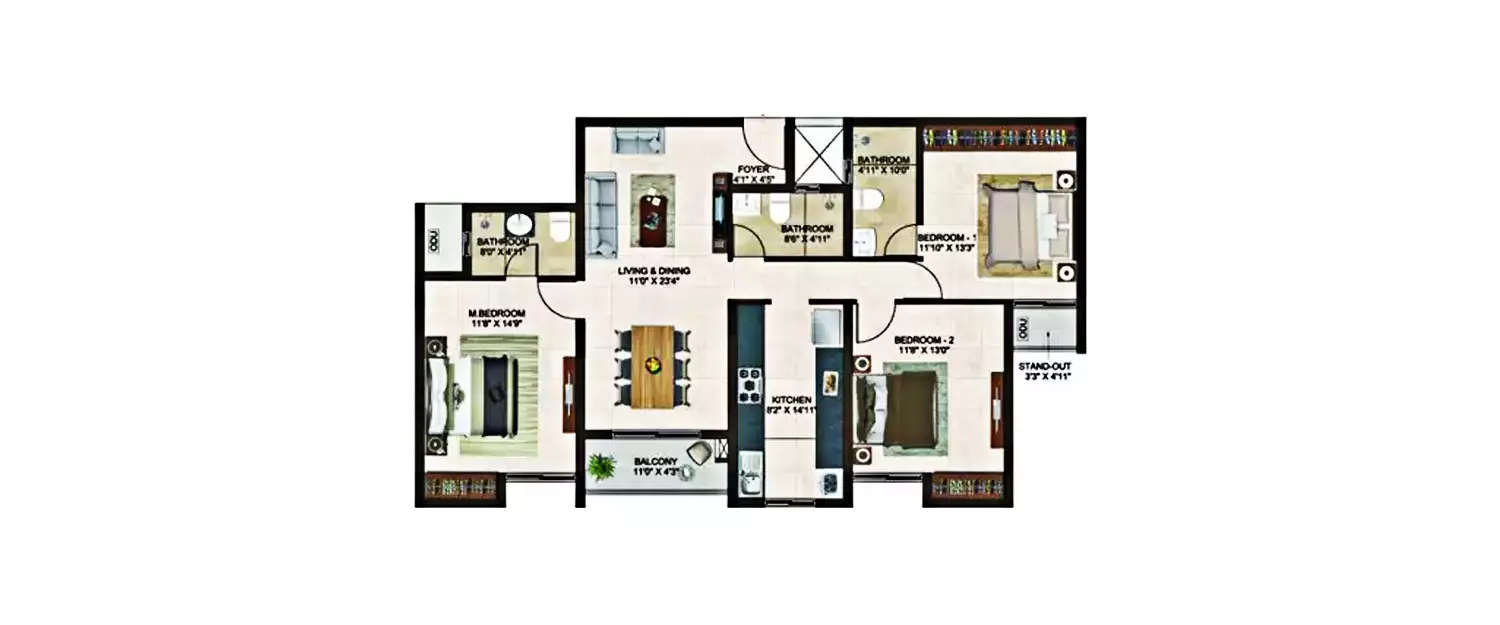 Floor plan for 3 BHK