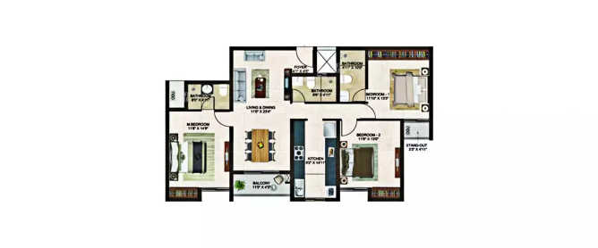 Casagrand Lorenza Kogilu - Floor plan 3 BHK 1138 Sq.ft