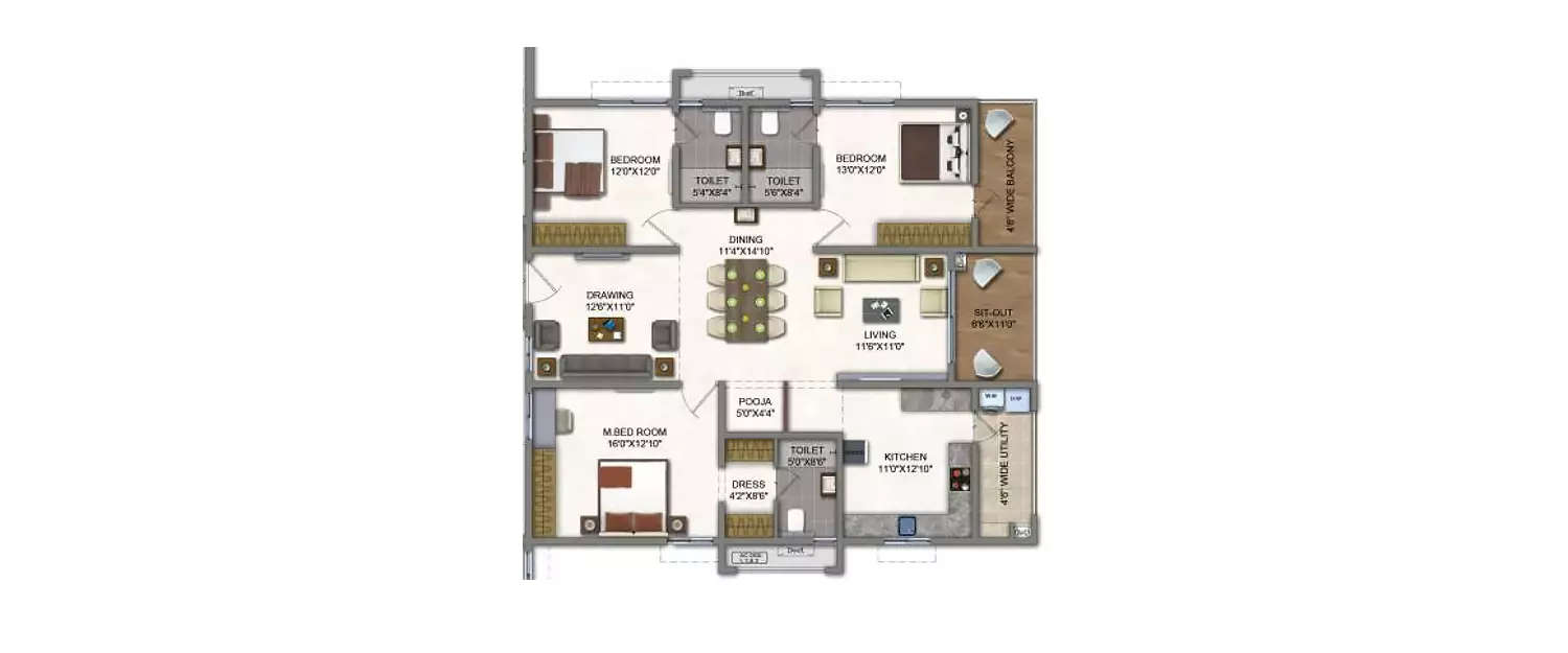 Floor plan for 3 BHK