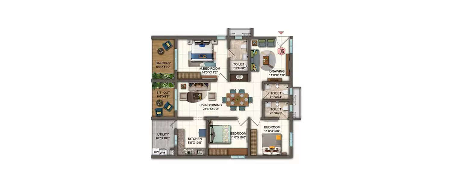 Floor plan for 3 BHK