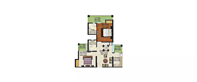 Supertech Golf Village Sector 22D - Floor plan 2 BHK 1000 Sq.ft