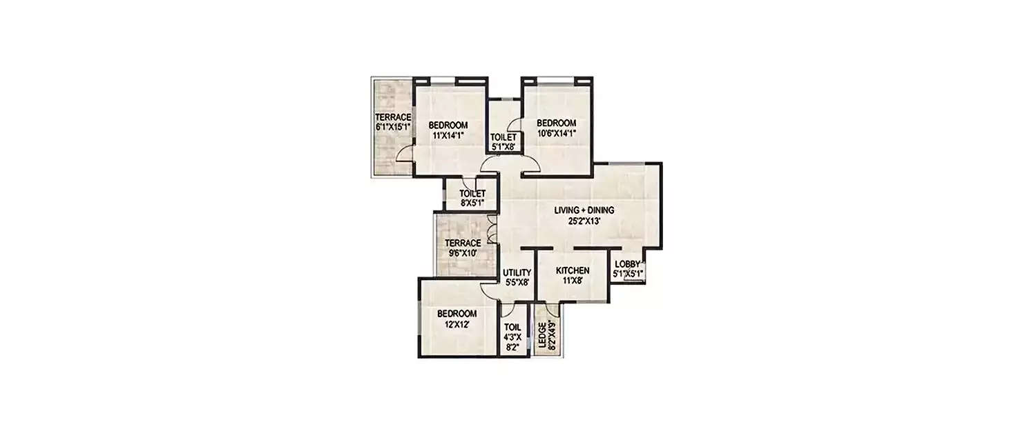Floor plan for 3 BHK