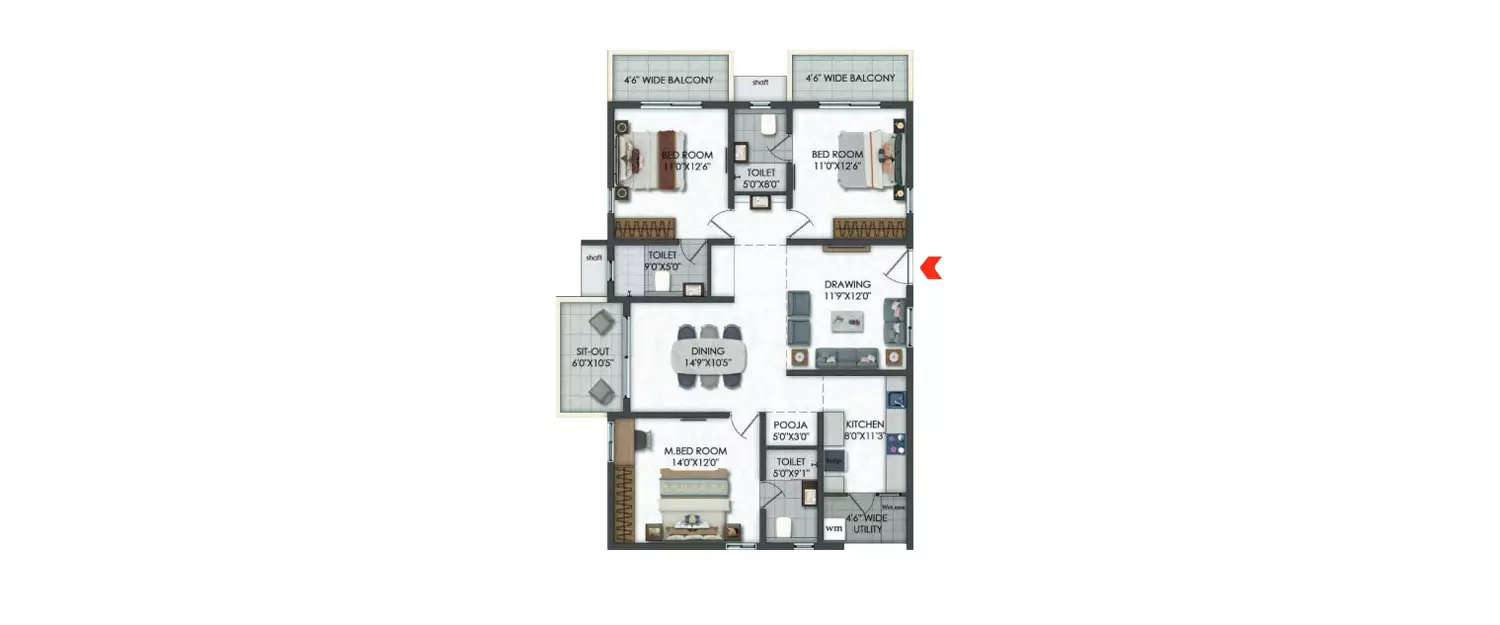 Floor plan for 3 BHK