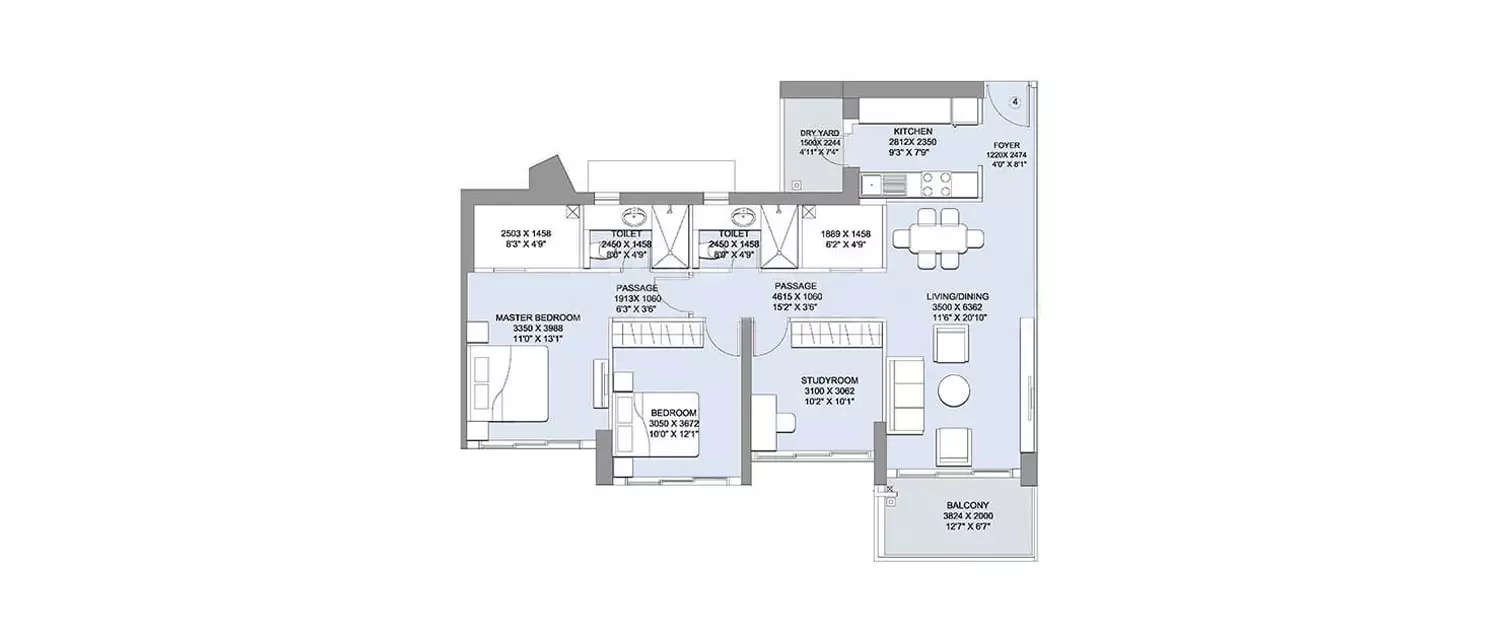Floor plan for 3 BHK