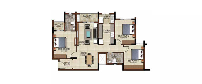 Salarpuria Sattva East Crest Konadasapura - Floor plan 3 BHK 951 Sq.ft
