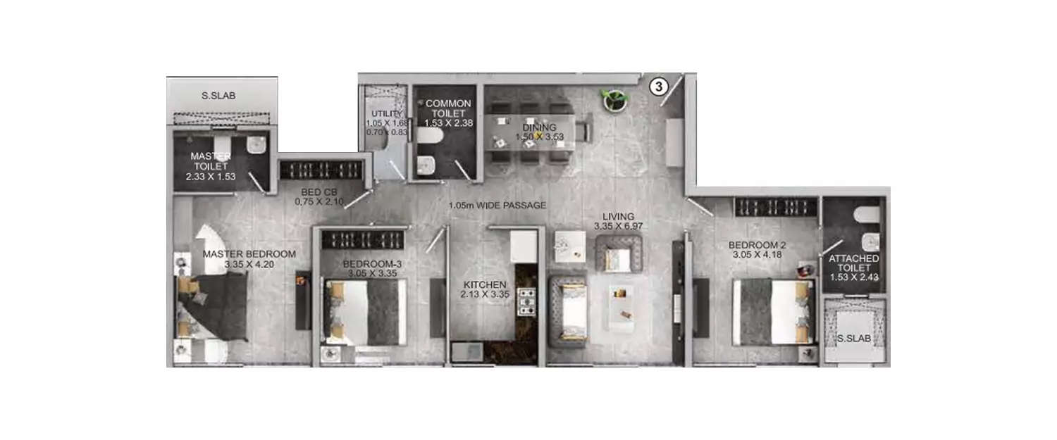Floor plan for 3 BHK