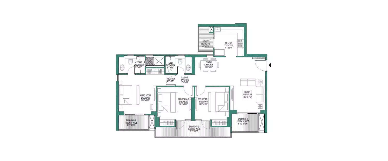 Floor plan for 3 BHK
