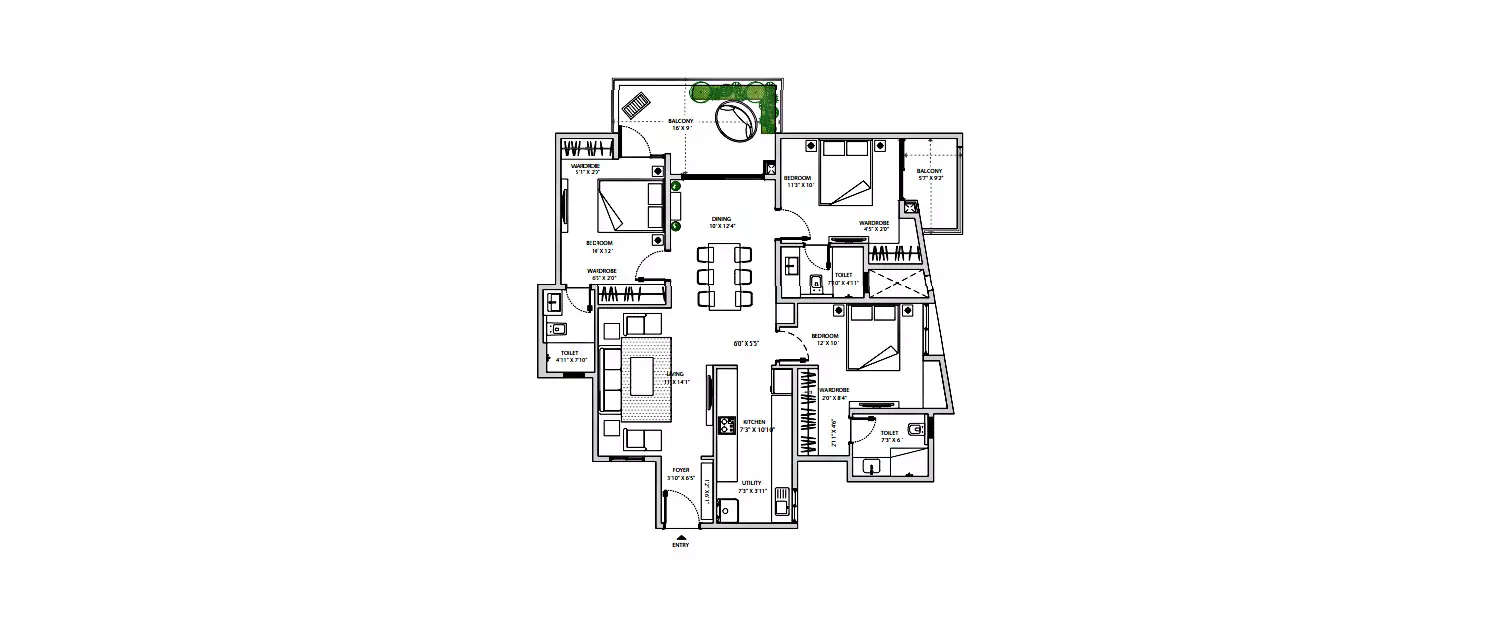Floor plan for 3 BHK