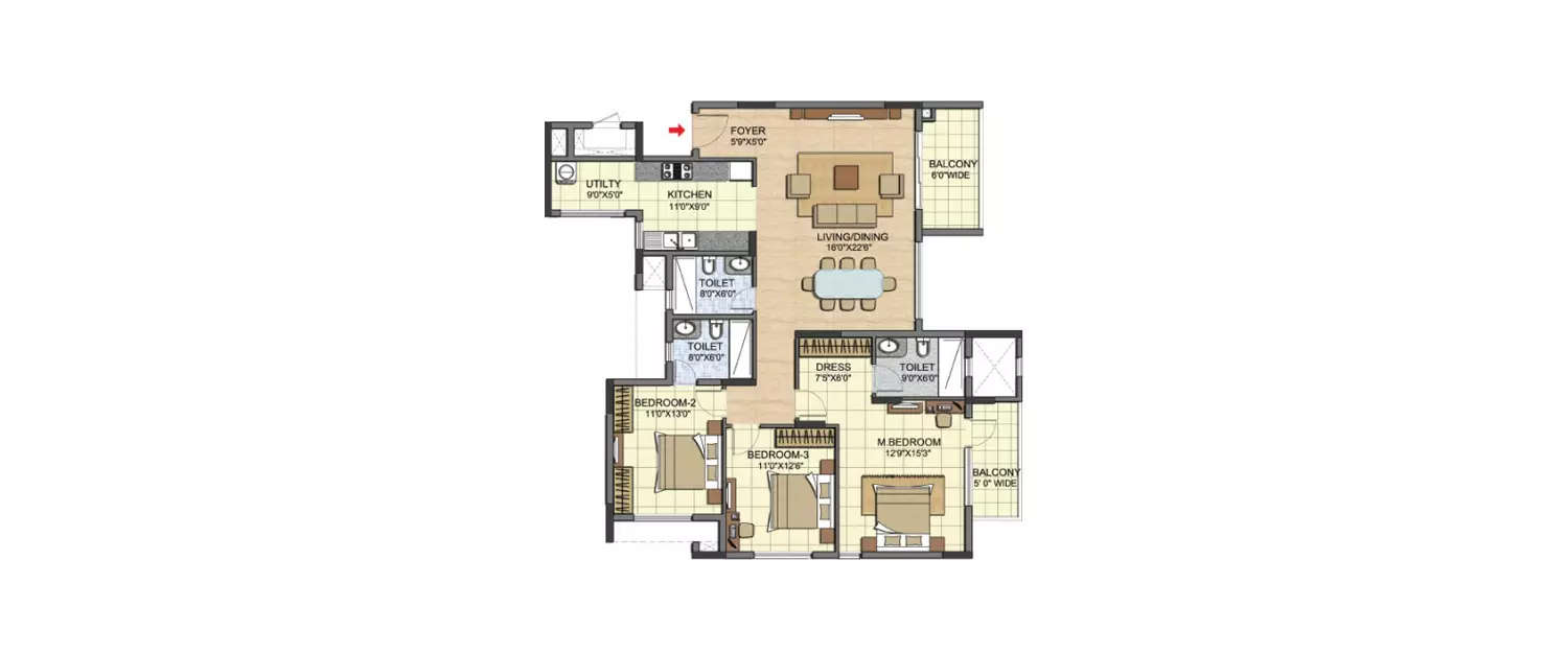 Floor plan for 3 BHK