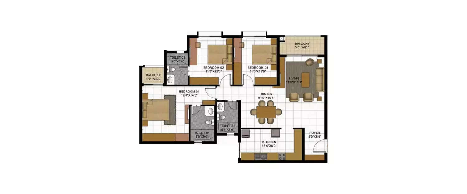 Floor plan for 3 BHK