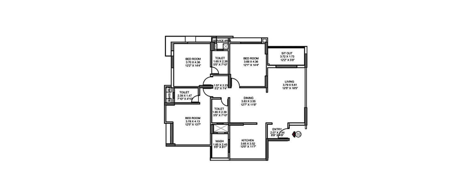 Floor plan for 3 BHK