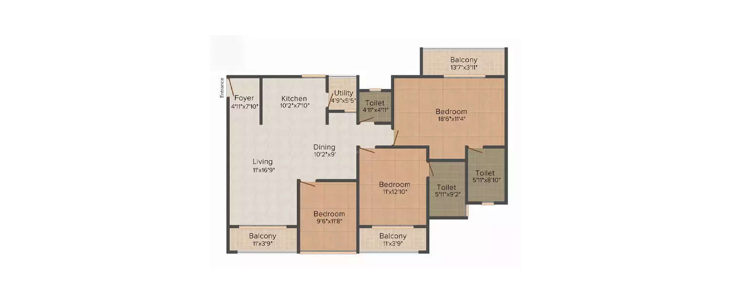 Floor plan for 3 BHK