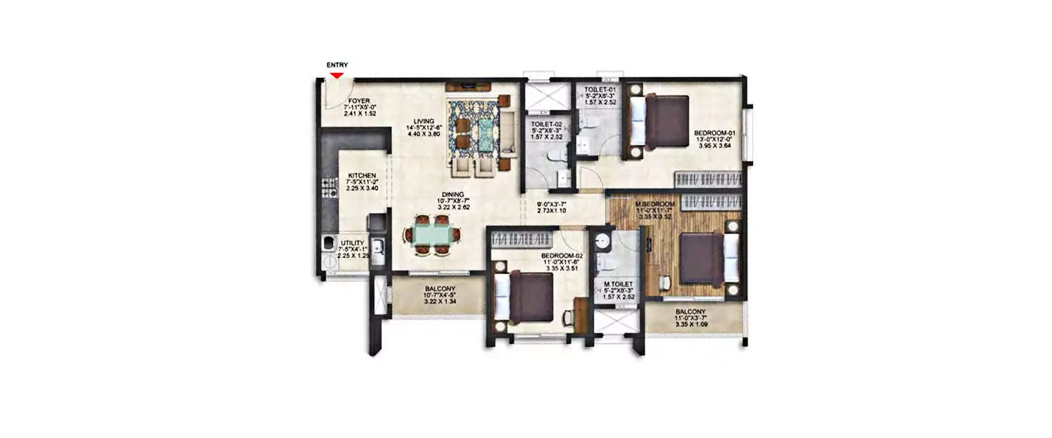 Floor plan for 3 BHK