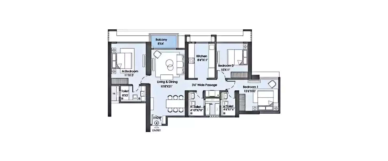 Floor plan for 3 BHK