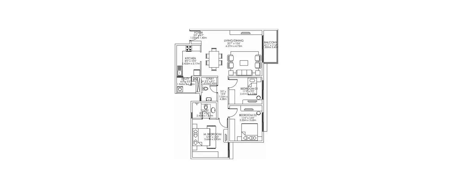Floor plan for 3 BHK