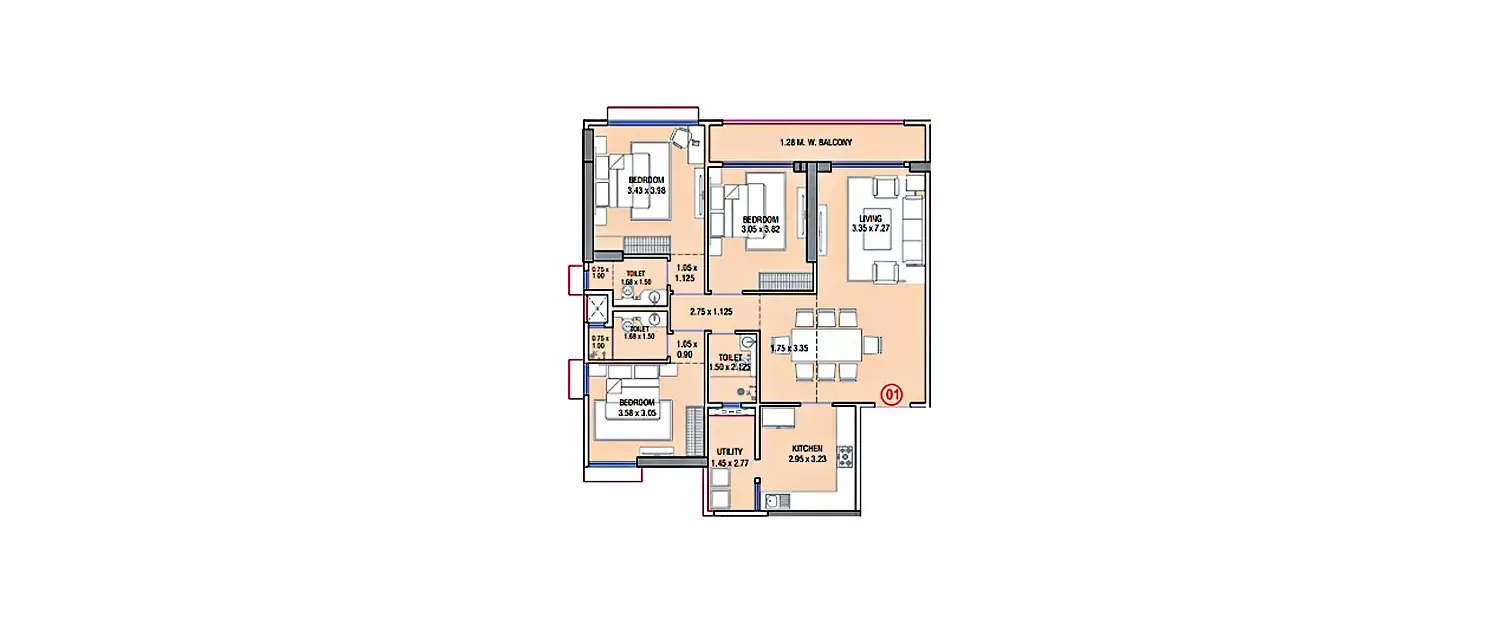 Floor plan for 3 BHK