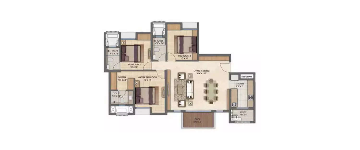 Floor plan for 3 BHK