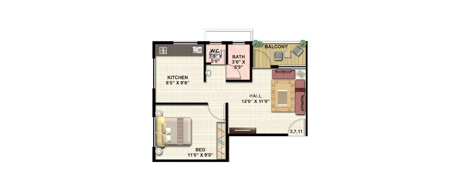 Floor plan for 1 BHK