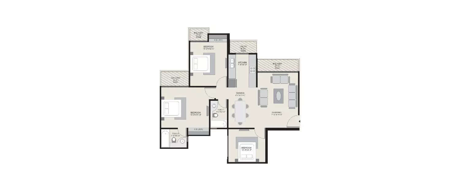 Floor plan for 3 BHK