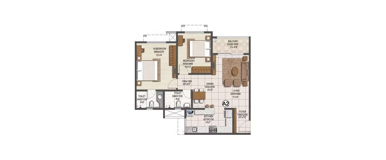 Floor plan for 2 BHK