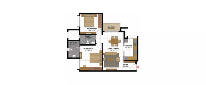 Prestige Gulmohar Horamavu - Floor plan 2 BHK 824 Sq.ft