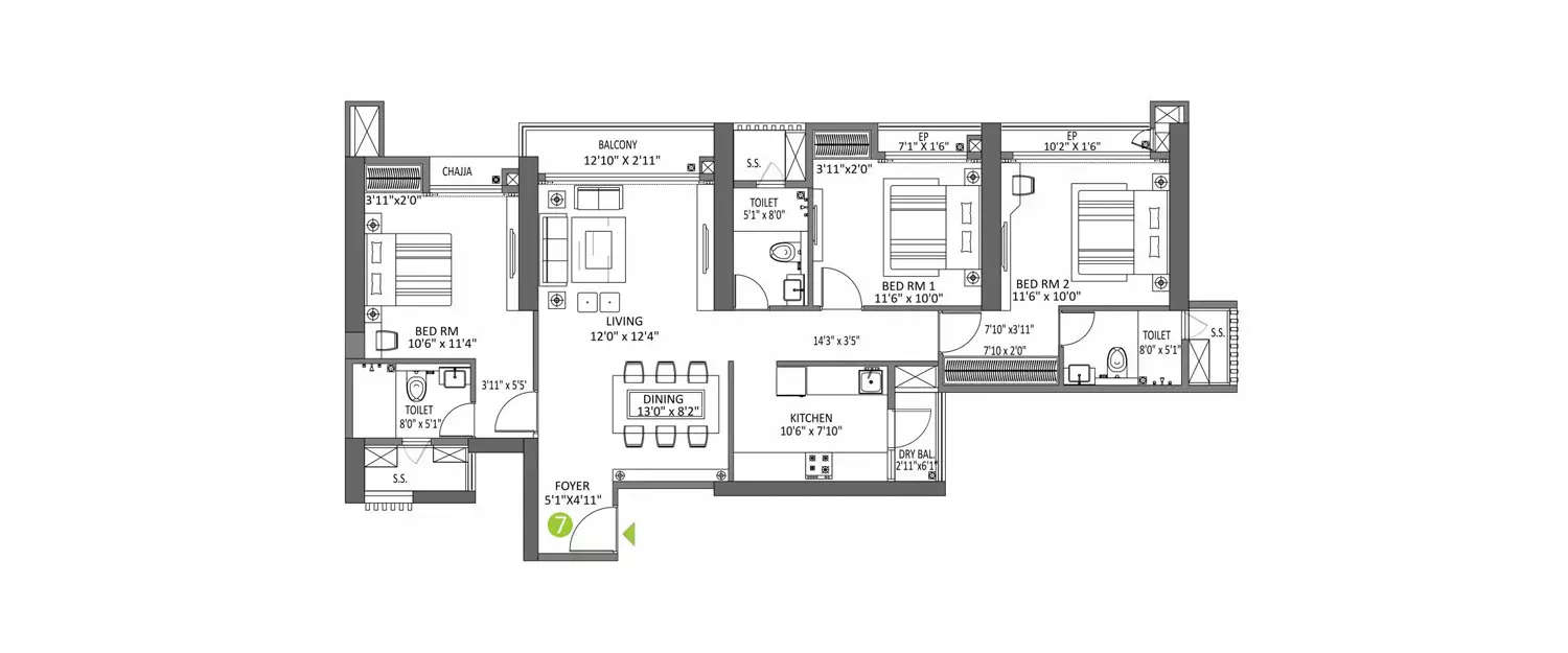 Floor plan for 3 BHK