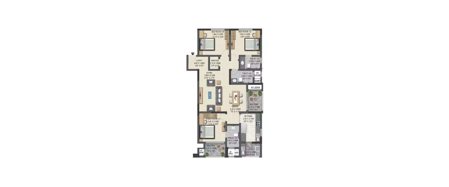Floor plan for 3 BHK